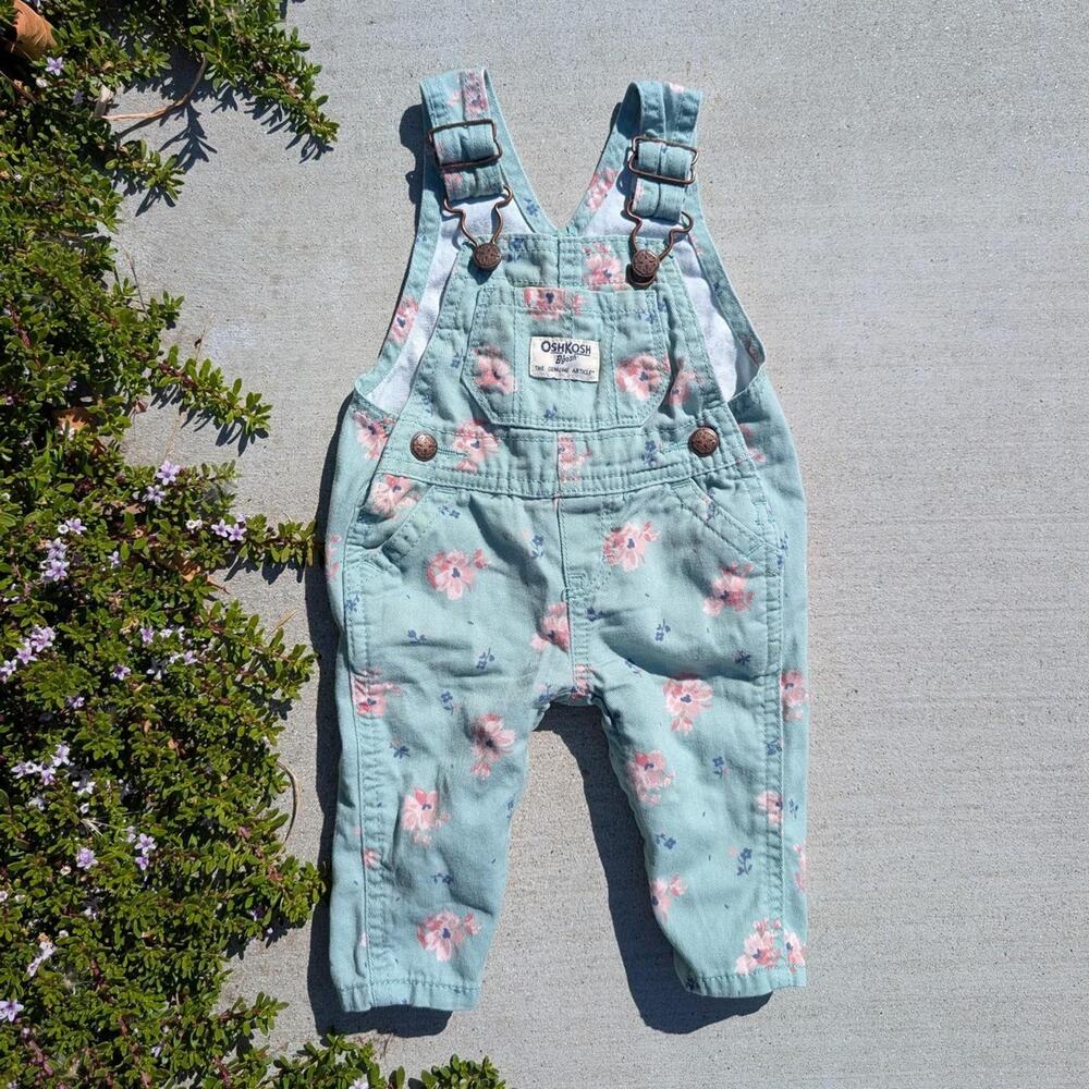 OshKosh B’gosh Floral Cotton Overalls Sage Mint Green Pink Baby Girl Size 3M